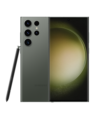 Telefon Telefon Samsung Galaxy S23 Ultra, verde, vizibil fata spate, imagine de fundal cu sfera verde, pe telefonul cu spatele observandu-se cele 4 camere si