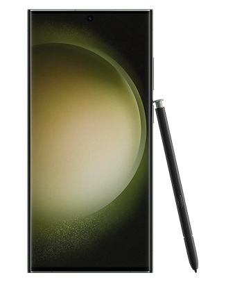 Telefon Telefon Samsung Galaxy S23 Ultra, verde, vizibil din fata, imagine de fundal cu sfera verde, observandu-se instrumentul S Pen