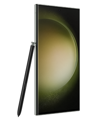 Telefon Telefon Samsung Galaxy S23 Ultra, verde, vizibil din stanga fata, imagine de fundal cu sfera verde, observandu-se instrumentul S Pen