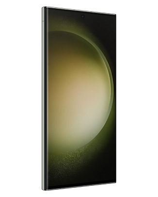 Telefon Telefon Samsung Galaxy S23 Ultra, verde, vizibil din stanga fata, imagine de fundal cu sfera verde