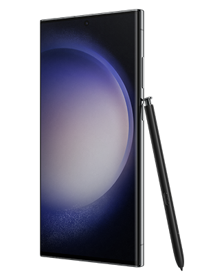 Telefon Telefon Samsung Galaxy S23 Ultra, negru, vizibil din dreapta fata, imagine de fundal cu sfera violet, observandu-se instrumentul S Pen