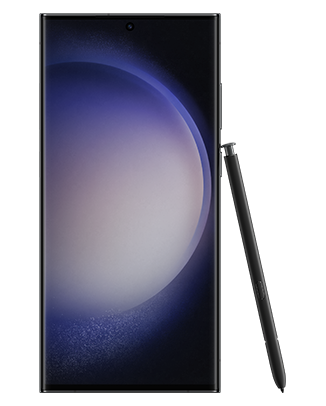 Telefon Telefon Samsung Galaxy S23 Ultra, negru, vizibil din fata, imagine de fundal cu sfera violet, observandu-se instrumentul S Pen