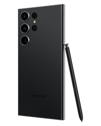 Telefon Telefon Samsung Galaxy S23 Ultra, negru, privit din dreapta spate, observandu-se cele 4 camere si instrumentul S Pen