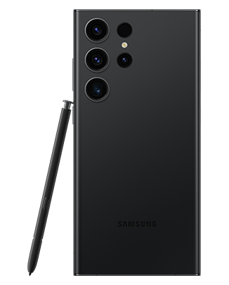 Telefon Telefon Samsung Galaxy S23 Ultra, negru, privit din spate, observandu-se cele 4 camere si instrumentul S Pen