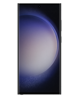 Telefon Telefon Samsung Galaxy S23 Ultra, negru, vizibil din fata, imagine de fundal cu sfera violet