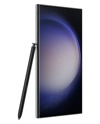 Telefon Telefon Samsung Galaxy S23 Ultra, negru, vizibil din stanga fata, imagine de fundal cu sfera violet, observandu-se instrumentul S Pen