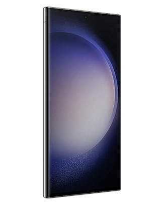 Telefon Telefon Samsung Galaxy S23 Ultra, negru, vizibil din stanga fata, imagine de fundal cu sfera violet