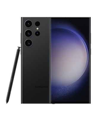 Telefon Telefon Samsung Galaxy S23 Ultra, negru, vizibil fata spate, imagine de fundal cu sfera violet, pe telefonul cu spatele observandu-se cele 4 camere si S Pen