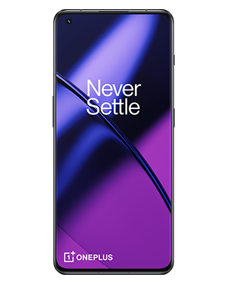 Telefon Telefon OnePlus 11 5G, negru, vizibil din fata, imagine de fundal cu valuri violet