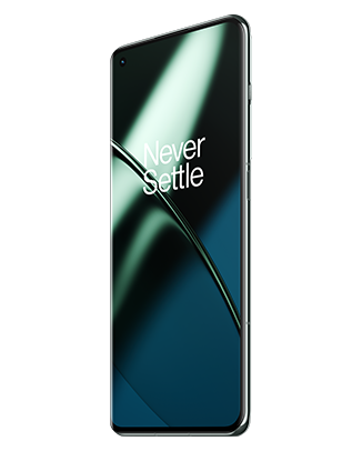 Telefon Telefon OnePlus 11 5G, verde, vizibil din dreapta fata, imagine de fundal cu valuri verzi