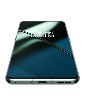 Telefon Telefon OnePlus 11 5G, verde, vizibil din fata jos, imagine de fundal cu valuri verzi, observandu-se difuzorul si portul de incarcare type-c
