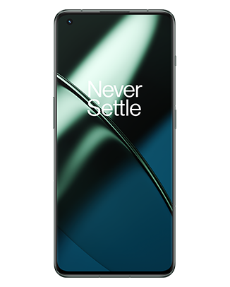 Telefon Telefon OnePlus 11 5G, verde, vizibil din fata, imagine de fundal cu valuri verzi