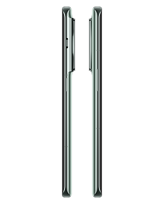 Telefon Telefon OnePlus 11 5G, verde, vizibil din laterale, observadu-se butoanele pentru volum si butonul de blocare
