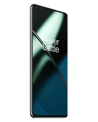 Telefon Telefon OnePlus 11 5G, verde, vizibil din stanga fata, imagine de fundal cu valuri verzi