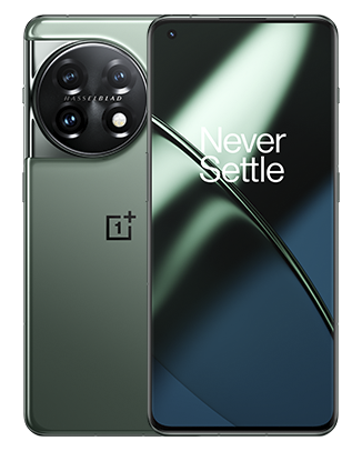 Telefon OnePlus 11 5G, verde, vizibil fata spate, imagine de fundal cu valuri verzi, pe telefonul cu spatele observandu-se cele 3 camere