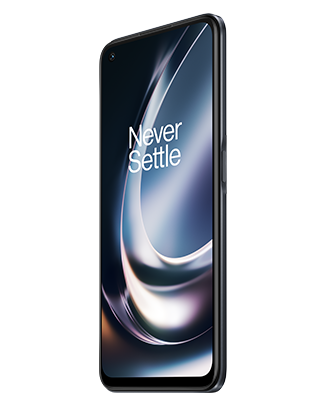 Telefon Telefon OnePlus Nord C2 Lite, negru, vizibil din dreapta fata, imagine de fundal cu valuri gri