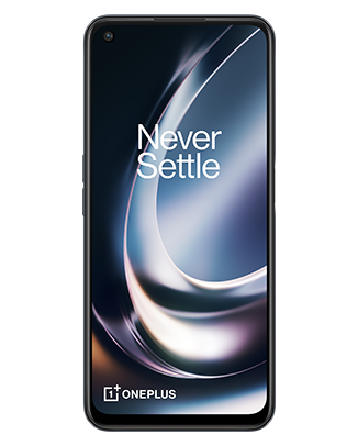 Telefon Telefon OnePlus Nord C2 Lite, negru, vizibil din fata, imagine de fundal cu valuri gri