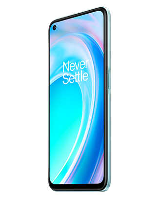 Telefon Telefon OnePlus Nord C2 Lite, albastre, vizibil din dreapta fata, imagine de fundal cu valuri albastre