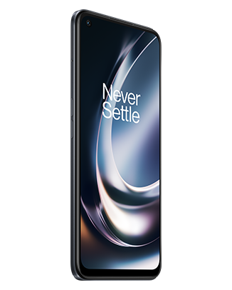 Telefon Telefon OnePlus Nord C2 Lite, negru, vizibil din stanga fata, imagine de fundal cu valuri gri