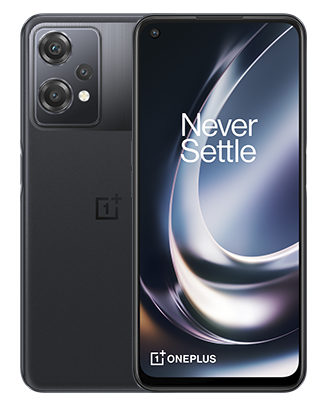 Telefon Telefon OnePlus Nord C2 Lite, negru, vizibil fata spate, imagine de fundal cu valuri gri, pe telefonul cu spatele observandu-se cele 3 camere