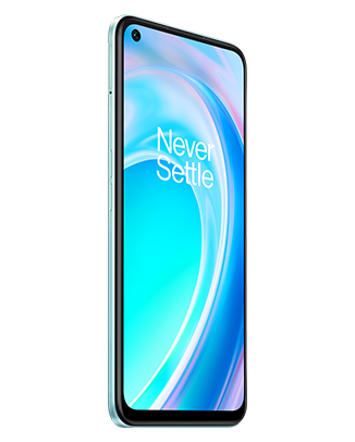 Telefon Telefon OnePlus Nord C2 Lite, albastru, vizibil din stanga fata, imagine de fundal cu valuri albastre