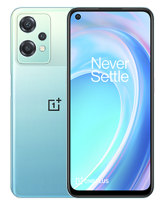 Telefon OnePlus Nord C2 Lite, albastru, vizibil fata spate, imagine de fundal cu valuri albastre, pe telefonul cu spatele observandu-se cele 3 camere
