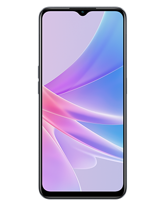 Telefon Telefon OPPO A78, negru, vizibil din fata, imagine de fundal cu valuri mov