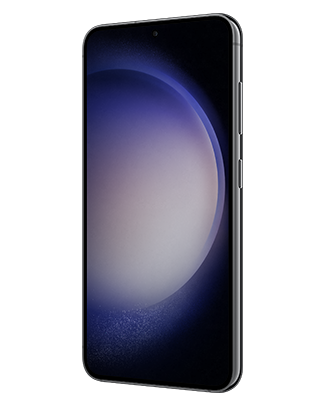 Telefon Telefon Samsung Galaxy S23, negru, vizibil din dreapta fata, imagine de fundal cu sfera violet
