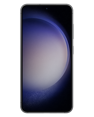 Telefon Telefon Samsung Galaxy S23, negru, vizibil din fata, imagine de fundal cu sfera violet