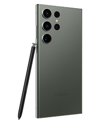 Telefon Telefon Samsung Galaxy S23 Ultra, verde, privit din stanga spate, observandu-se cele 4 camere si instrumentul S Pen