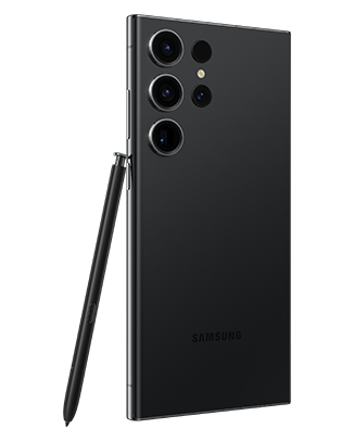 Telefon Telefon Samsung Galaxy S23 Ultra, negru, privit din stanga spate, observandu-se cele 4 camere si instrumentul S Pen