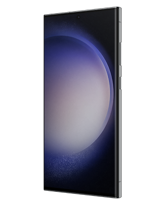 Telefon Telefon Samsung Galaxy S23 Ultra, negru, vizibil din dreapta fata, imagine de fundal cu sfera violet