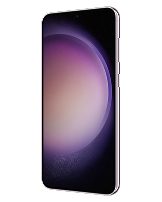 Telefon Telefon Samsung Galaxy S23 Plus, mov, vizibil din dreapta fata, imagine de fundal cu sfera violet
