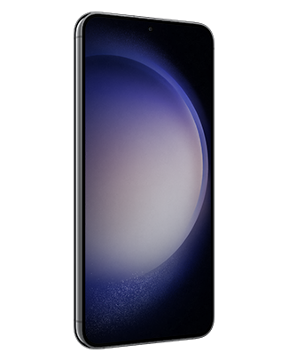 Telefon Telefon Samsung Galaxy S23 Plus, negru, vizibil din stanga fata, imagine de fundal cu sfera violet