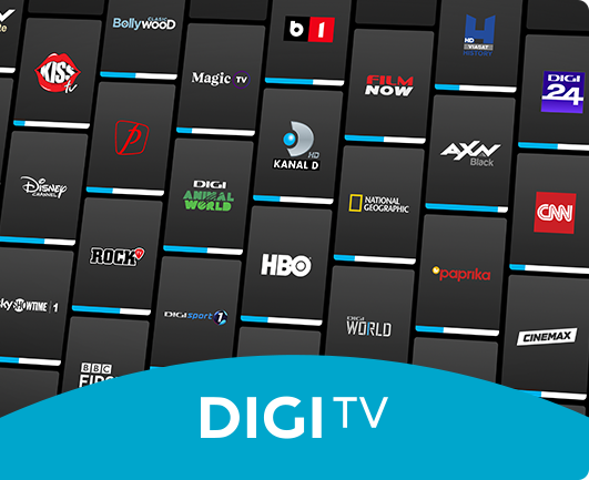Ilustratie cu mai multe personaje TV si sigla DIGI TV online. 