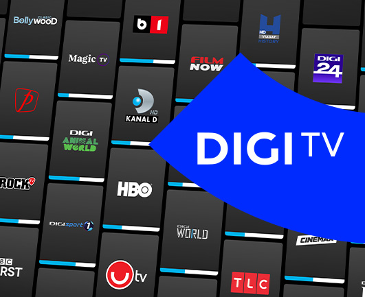 Ilustratie cu mai multe personaje TV si sigla DIGI TV online. 